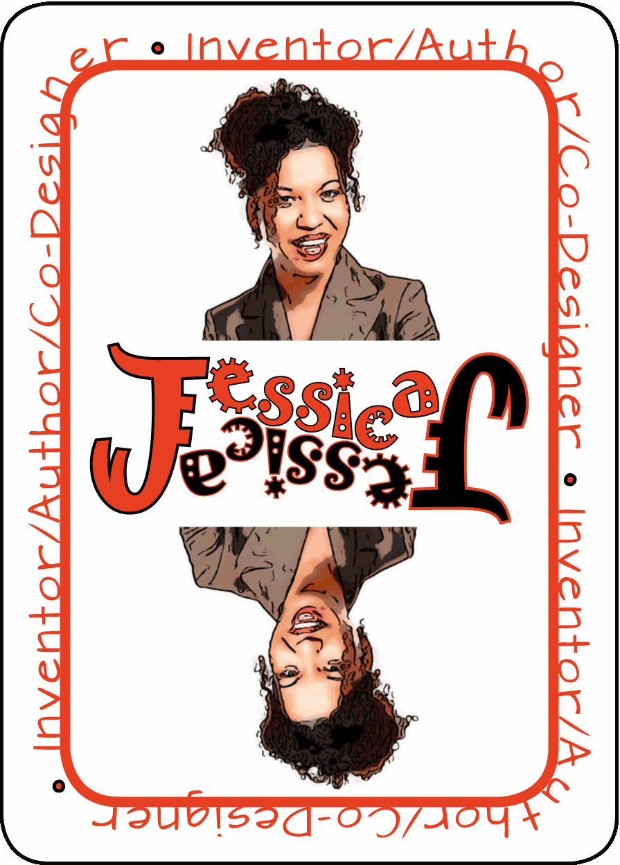 GRAMMARGON card with a cartoon of Jessica Haire. The border of the card reads:inventor/author/co-designer